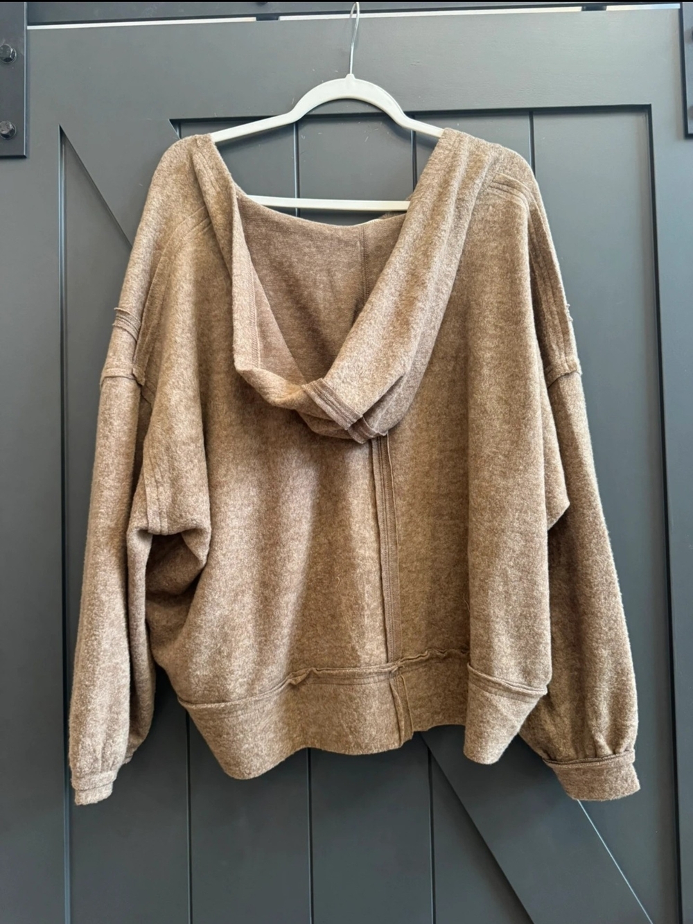 Zenana Outfitters Relaxed Hooded Pullover in Taupe - Picture 3 of 6
